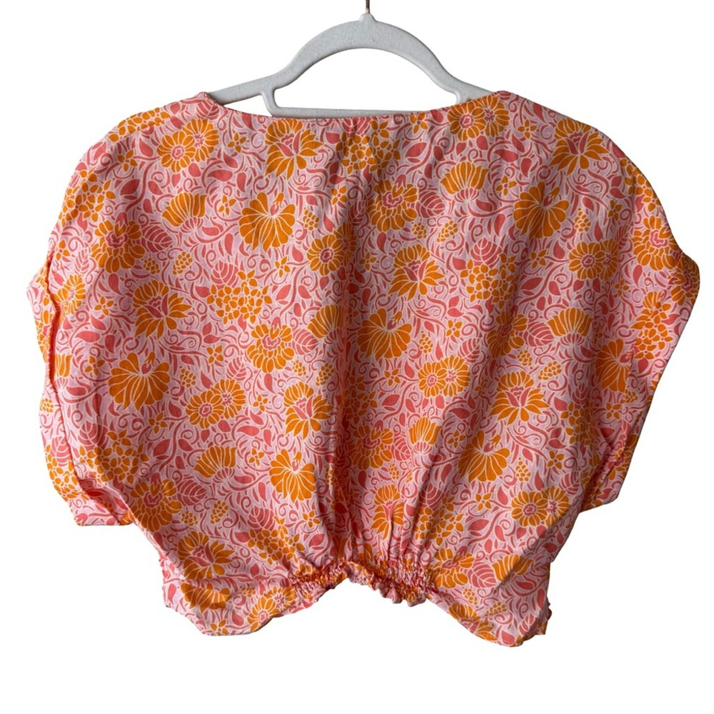 Zara Vibrant Pink and Orange Floral Blouse Size L Boho Cottagecore Chic Resort - Picture 2 of 9